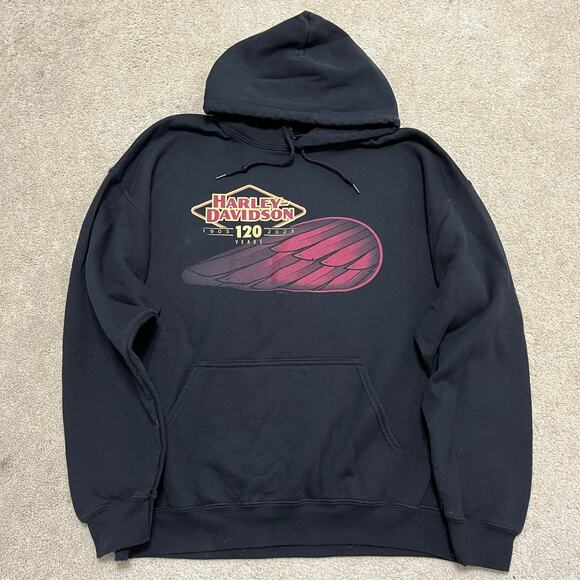 Harley Davidson 120th Anniversary Black w/ Red Hoodie Sweatshirt Large - Picture 1 of 7